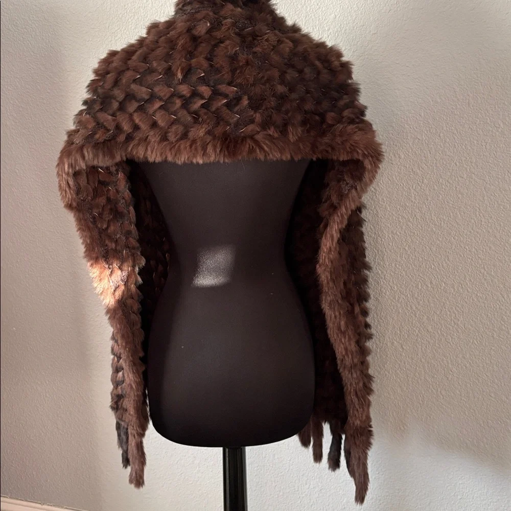 Moonbat Brown Rabbit Fur & Knit Scarf‎